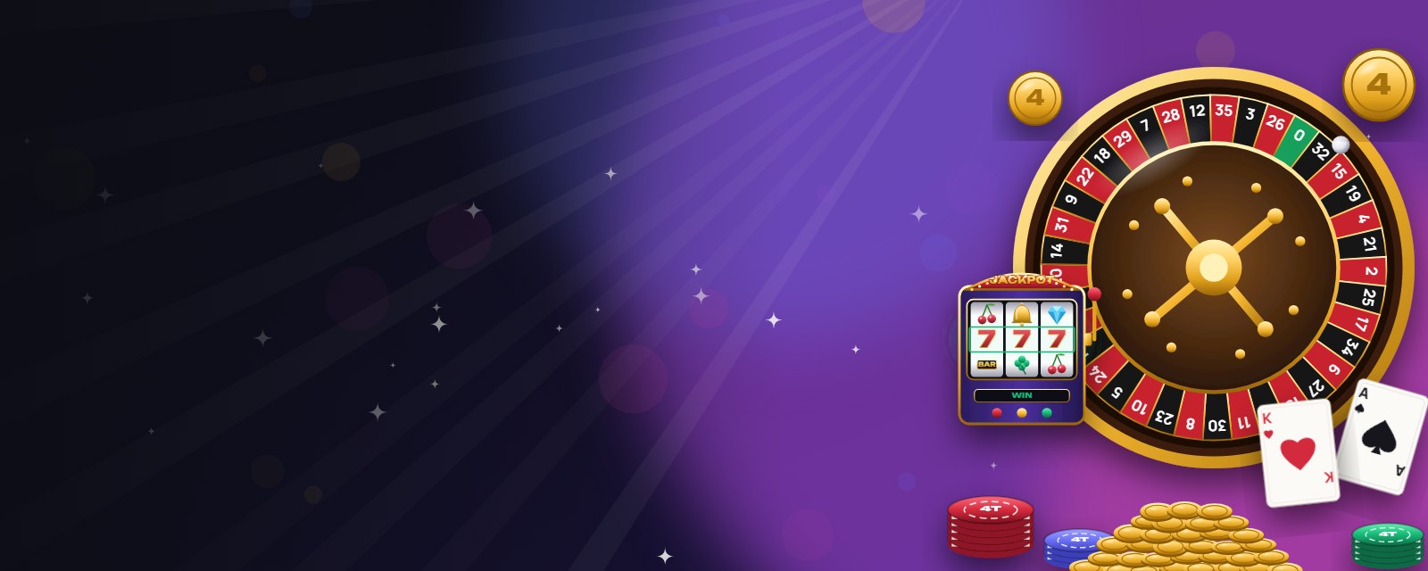 4tuna Casino lobby with a spinning roulette wheel, a jackpot slot machine and chip stacks